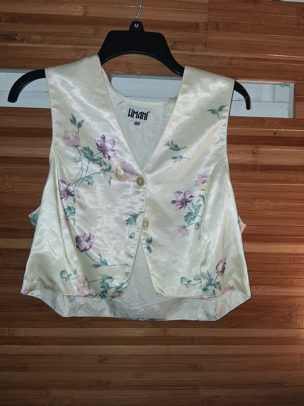 LIMANI Vintage  1980 Cream Satin Floral Vest with Lavender and Green Blooms
